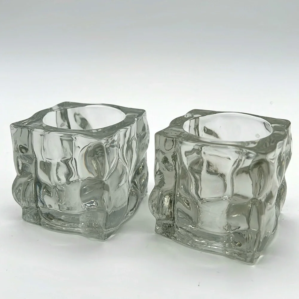 KIG Indonesia Heavy Ice Cube Square Crystal Votive Candle Holders (Set of 2)